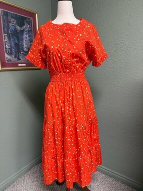 Bright Orange Floral Midi Dress with Smocked Waist